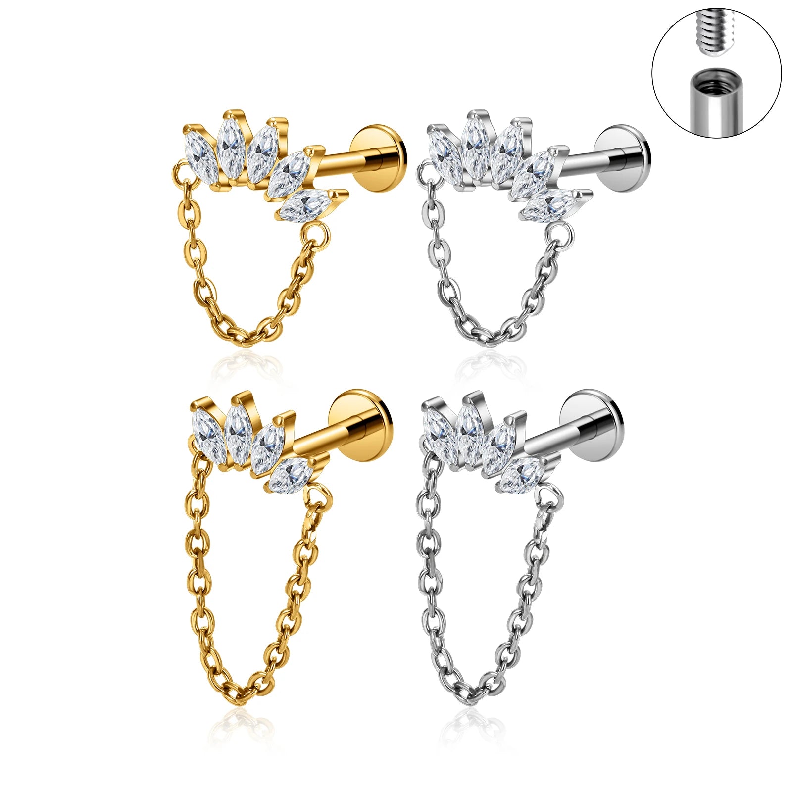 G23 ASTM F136 Titanium Zircon Ear Cartilage Earrings Chain Labret Studs Fashion Body Piercing Jewelry Labret with Gem Wholesale