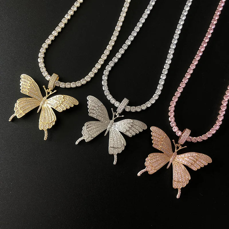 ROMANTIC Fashion Simple Design Cuban Zirconia Tennis Chain CZ Pink Butterfly Necklace