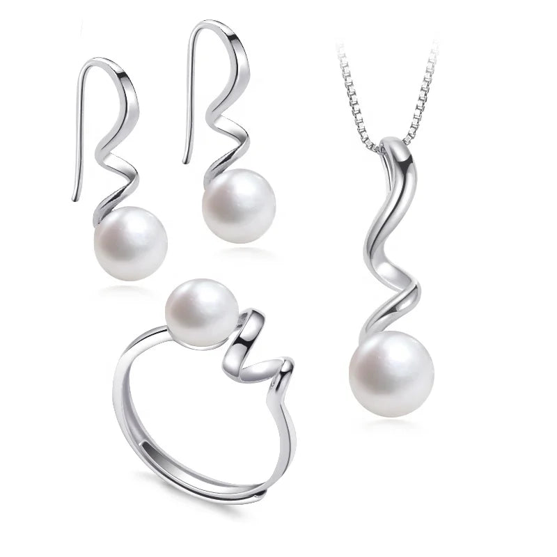 925 Sterling Silver Natural Freshwater Pearl Rotate Shape Set Fashion Jewelry