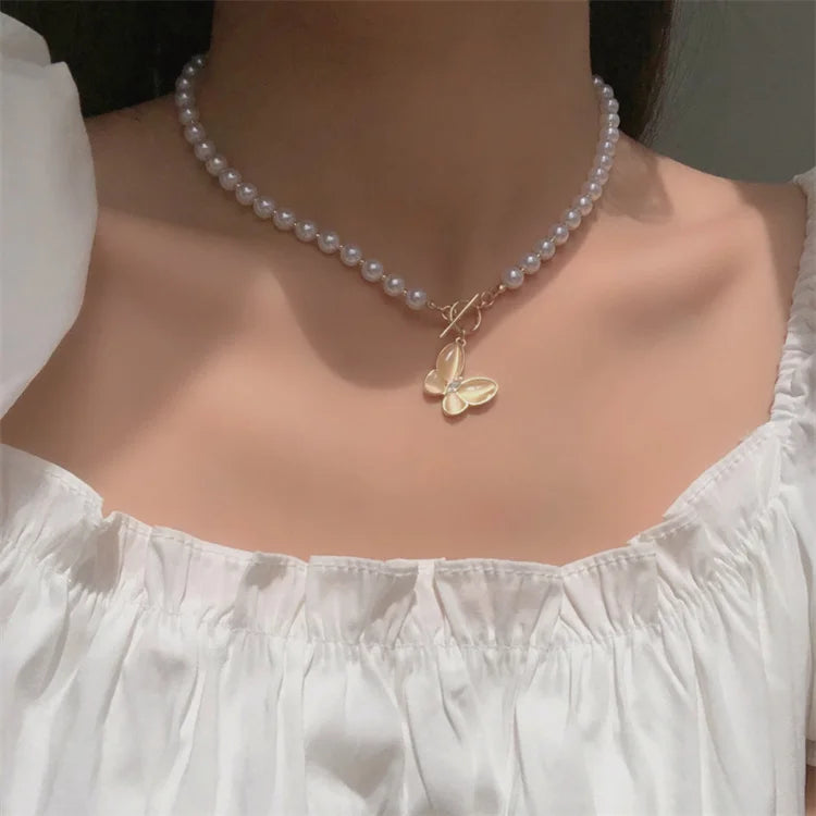 VKME New Arrival Baroque Pearl Necklace for Women Gold Plated Choker Butterfly Pendants Pearl Necklace Women Jewelry