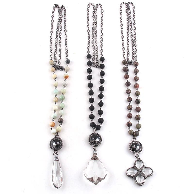 Newest  Jewelry Link Chain Necklace Natural Stone Round Gray Crystal Glass Drop Glass Pendant Necklace