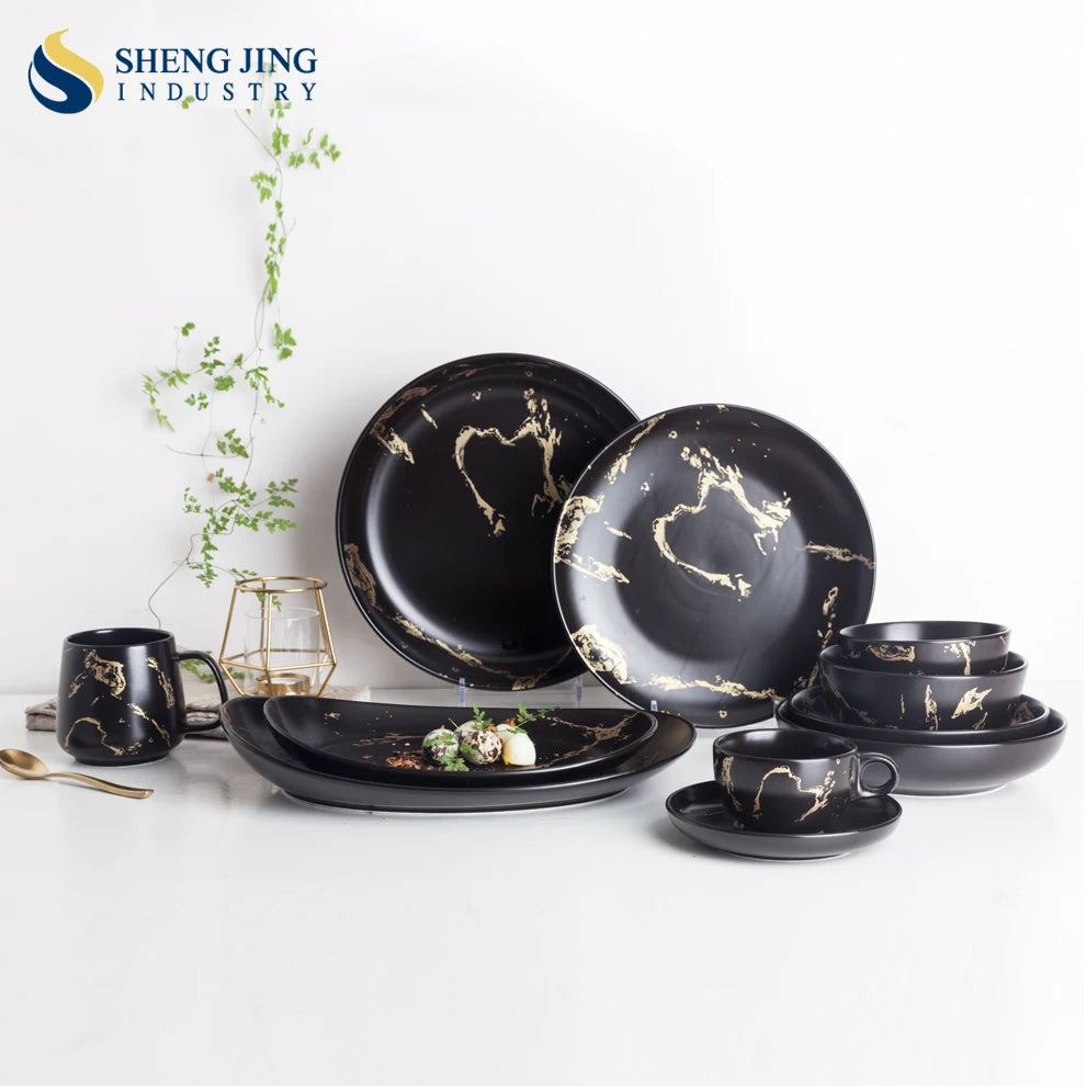 European Gold Marble Pattern Black Matte Ceramic Dinnerware Vaisselle En Marbre Porcelain Dinner Set