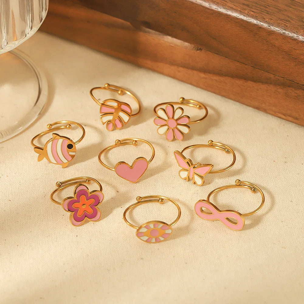 HOVANCI Waterproof 18K PVD Gold Plated Heart Flower Shape Romance Holiday Series Stainless Steel Oil Dripping Opening Ring