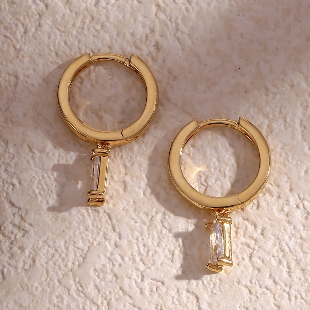 Dreamshow Classical Crystal Square Zircon Drop Earring 14K Gold Plated 925 Sterling Silver Hoop Earring