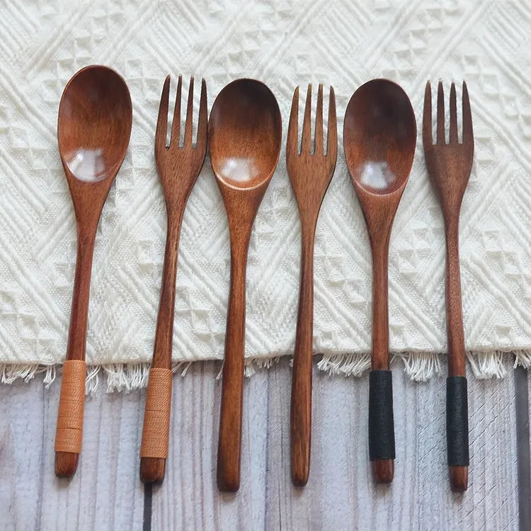 Japanese-Style 22.5 Phoebe Spoon Long Handle Wooden Fork Disposable Matte Old Paint Kids' Mixing Spoon Fork Combination Camping