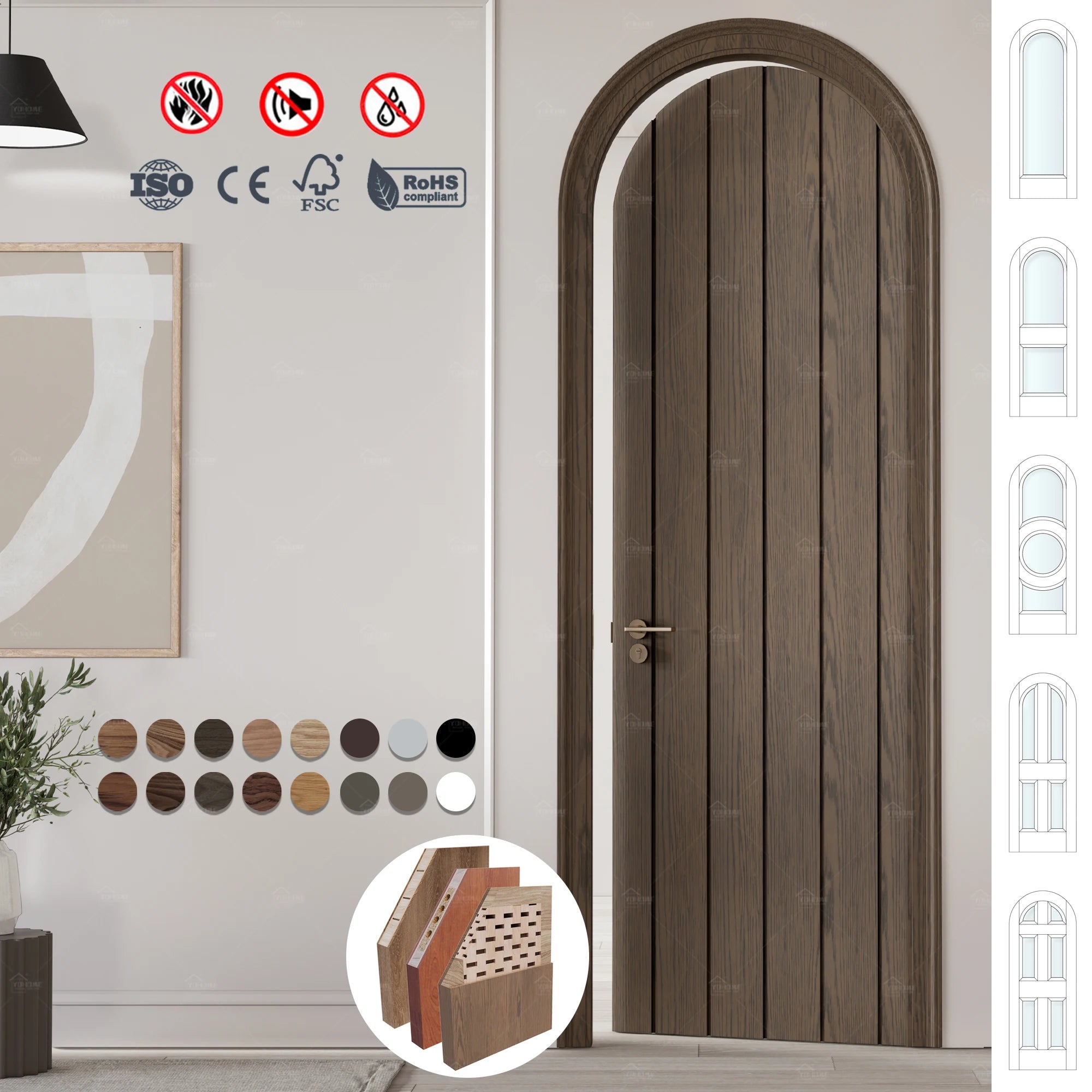 American Style Arch Top Rustic Door Solid Wood Walnut Round Top Single Interior Bedroom Doors Arch Top Walnut Rustic Door