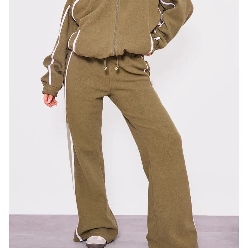 Custom Wholesale Sporty Fleece Oversized Piping Detail Wide Leg Sweatpants for Women