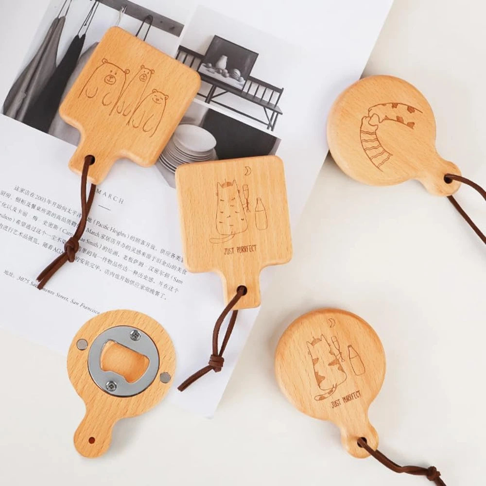 Bottle Opener Magnetic Manual Cartoon Pattern Beech Wooden Hanging Hole Refrigerator Magnet Beer Opener Kitchen Gadets