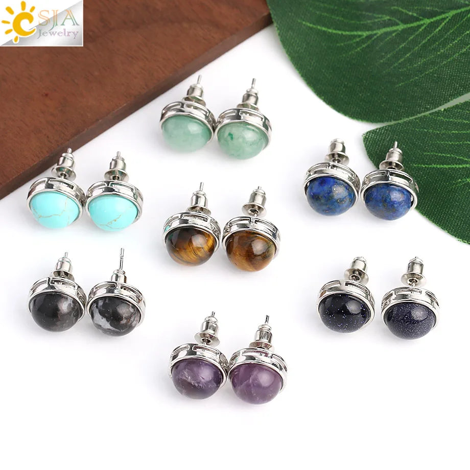 CSJA Wholesale Natural Stone Crystal Stones Earrings Round Blue Turquoise Stud Earring for Women G063