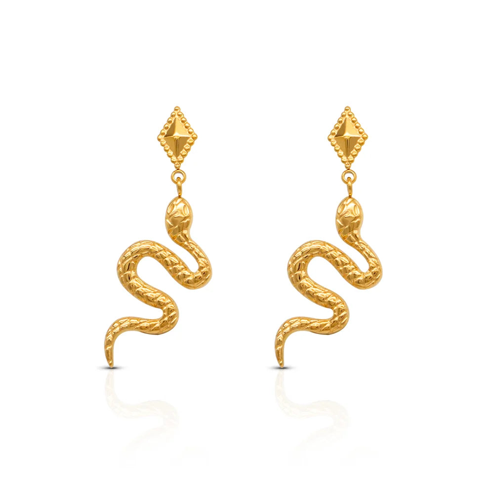 Chris April in Stock Fashion Jewellery 316L Stainless Steel PVD Gold Plated Vivid Snake Pendant Drop Earrings