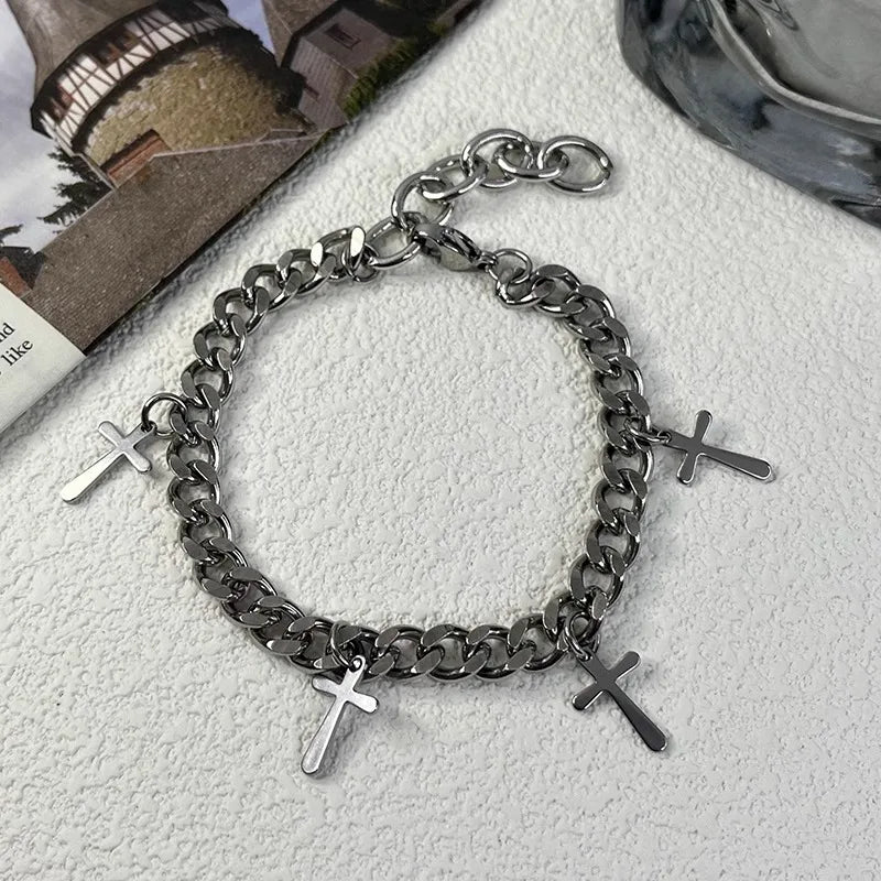 Hip Hop Fashion Male Cuban Chain Titanium Steel Cross Retro Fashion Jewelry Bracelet for Men