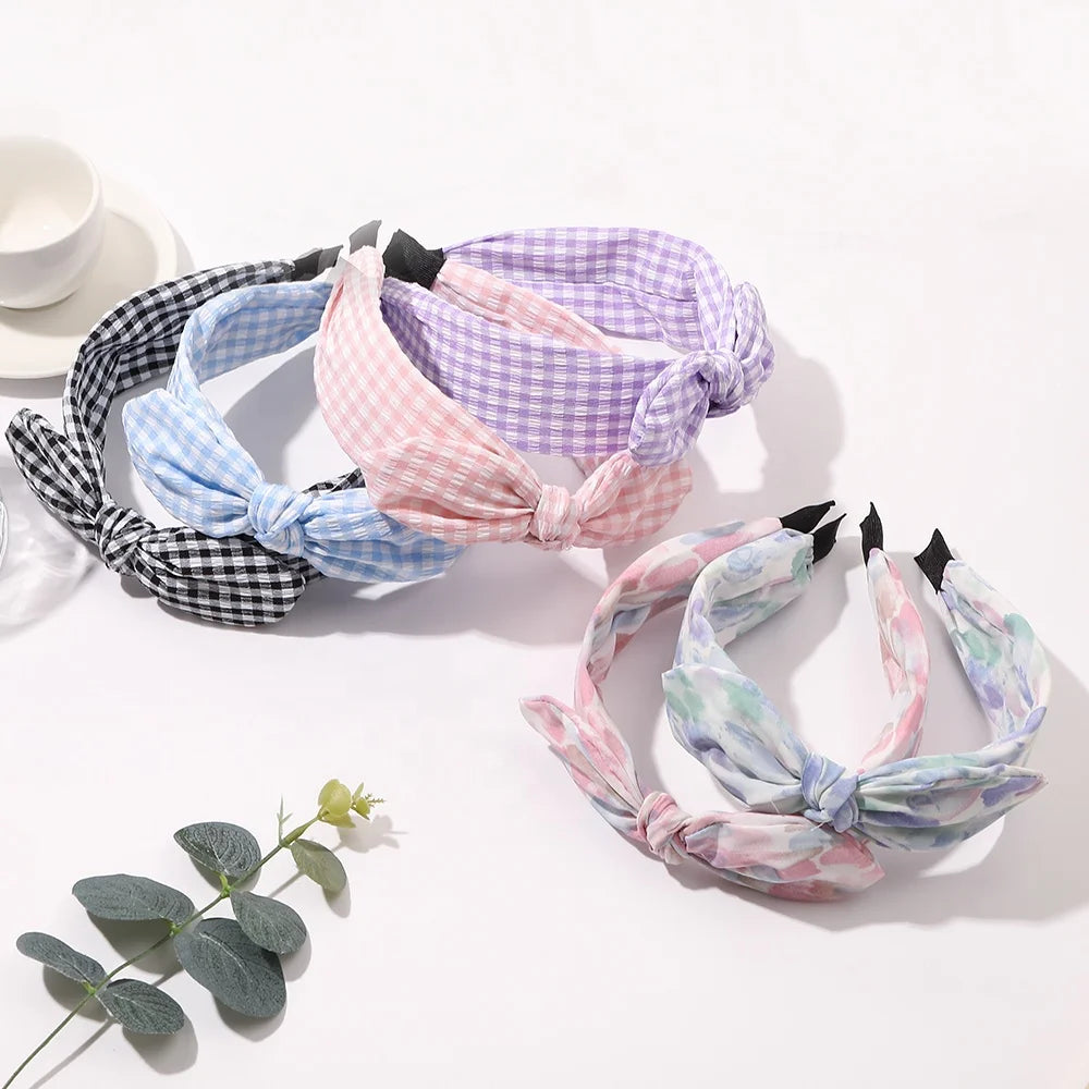 QIYUE Gingham Headband with Bowknot Woman Head Wrap Hair Band