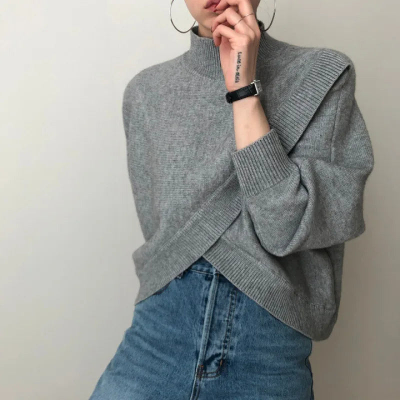 Autumn New Niche Design Half-high Collar Cross Irregular Loose Solid Color Pullover Long-sleeved Knitted Sweater
