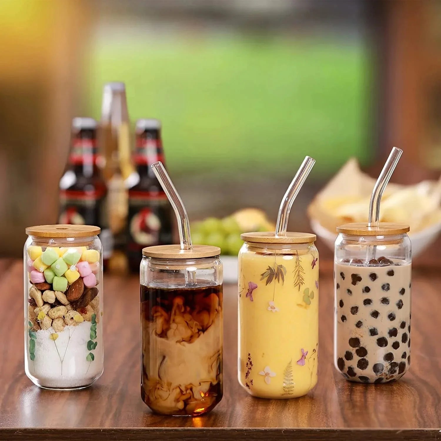 Custom 500ml for  Glass Can Shaped Drinkware with Bamboo Lids and Straw Holder for Iced Coffee Tea Beer
