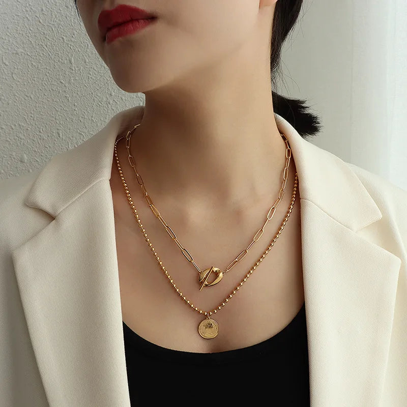New Fashion Unique Design Cool Stainless Steel Double Layer OT Button Portrait Medallion Pendant Women Chokers Necklace P1028