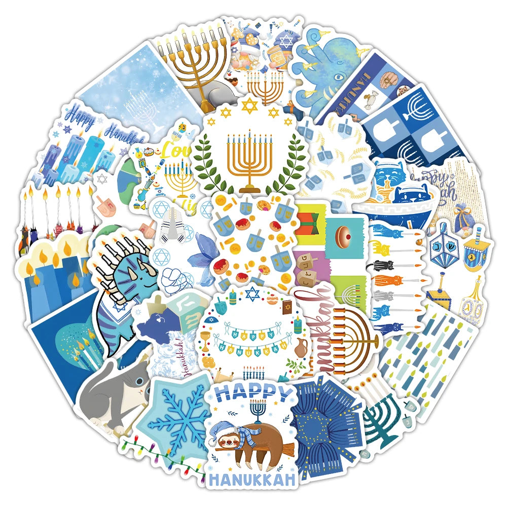 50pcs/Bag Waterproof Cartoon Hanukkah Sticker Print Custom Logo Vinyl Decorative Holiday Chanukah Stickers for Laptop Journal
