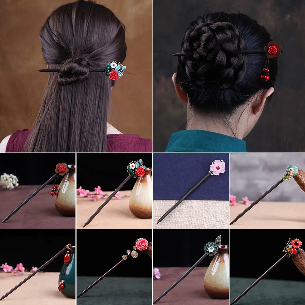Women Chinese Style Retro Flower Jade Plum Blossom Hair Chopsticks Hair Stick Hairpin Chignon Pin