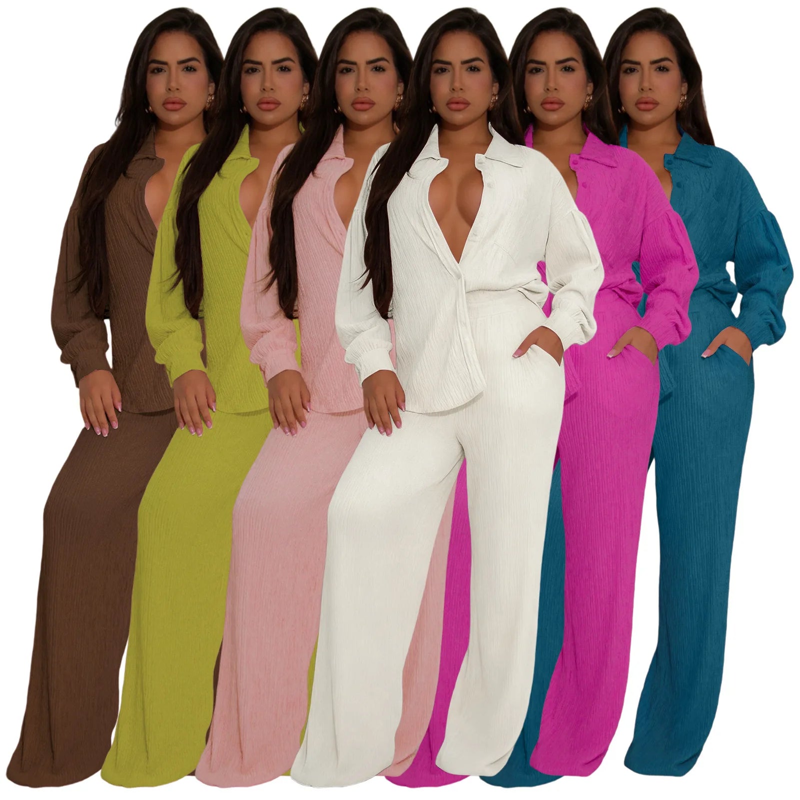 Autumn New Arrival Women Casual Set Long Sleeve Turndown Neck Shirt Top Long Pants Women Two Pieces Set