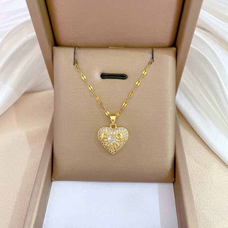 Light Luxury Stainless Steel Chain Zircon Love Bow Necklace Choker Chain for Women Wedding Jewelry Gifts