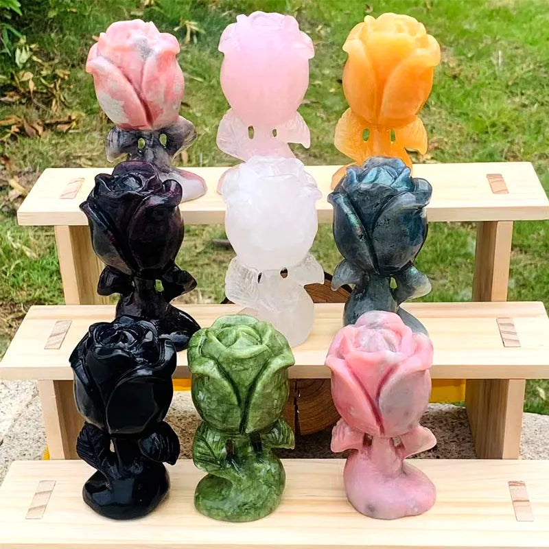 Natural Obsidian Carving Flower Rose Yellow Jade Carving Rose Clear Quartz Flower Bud for Home Decoration Gift