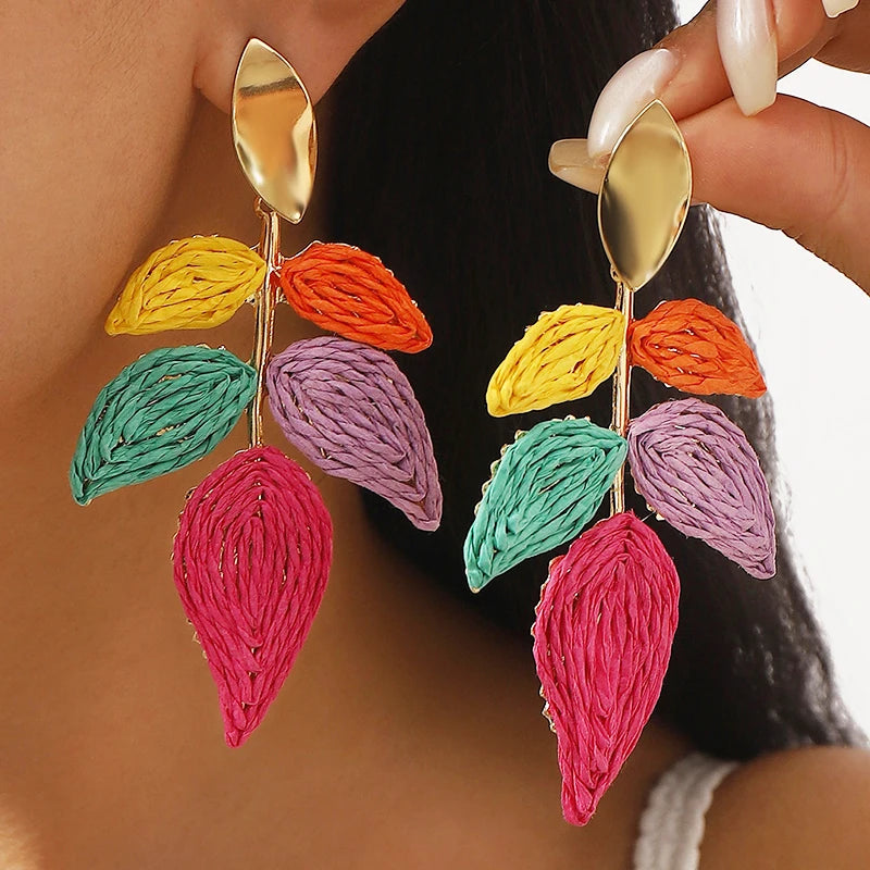 KAIMEI 2025 New Arrival Fashion Jewelry Sweet Summer Vacation Colorful Lafite Grass Leaf Earrings Bohemian Fashion Earrings