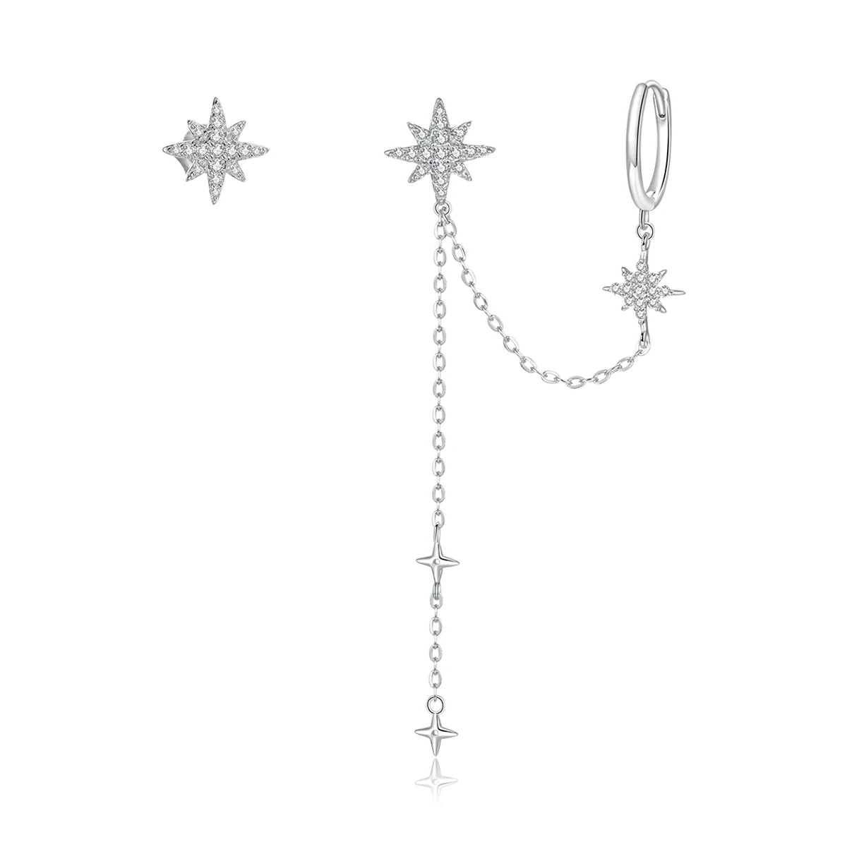 Shining Stars 925 Sterling Silver Drop Earrings for Women Asymmetrical Design Chain Dangle Long Jewelry for Gift BSE433