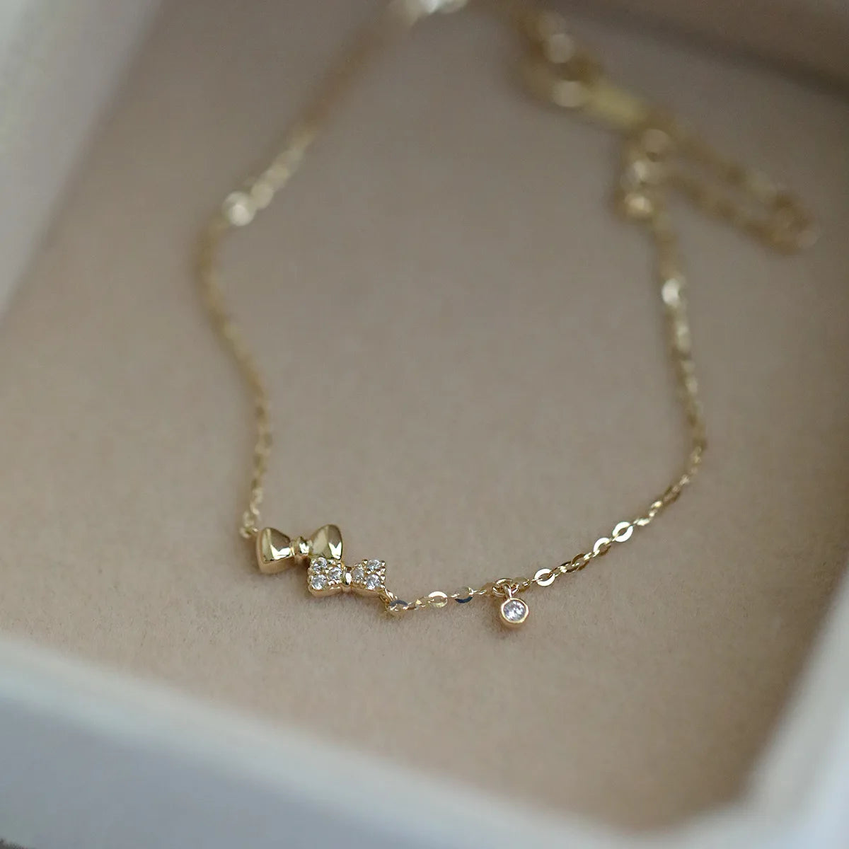 14K Gold Plated 925 Sterling Silver Cubic Zircon Initial Tiny Bow Bracelet for Women Girls