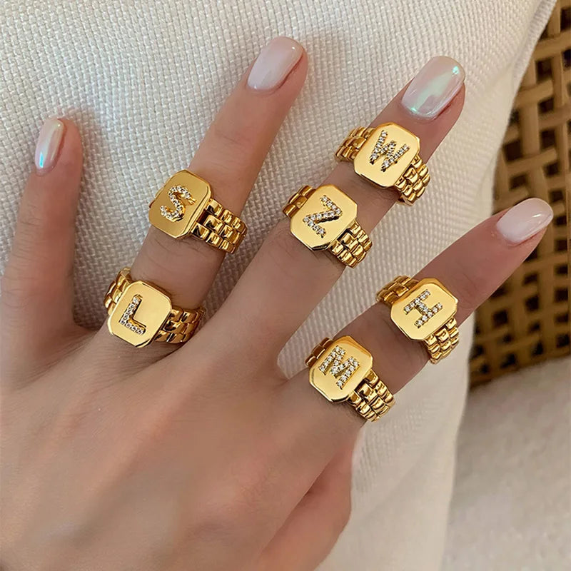 Dreamshow New Hiphop Jewelry Adjustable Watchband 14K Gold Plated CZ Letter Ring