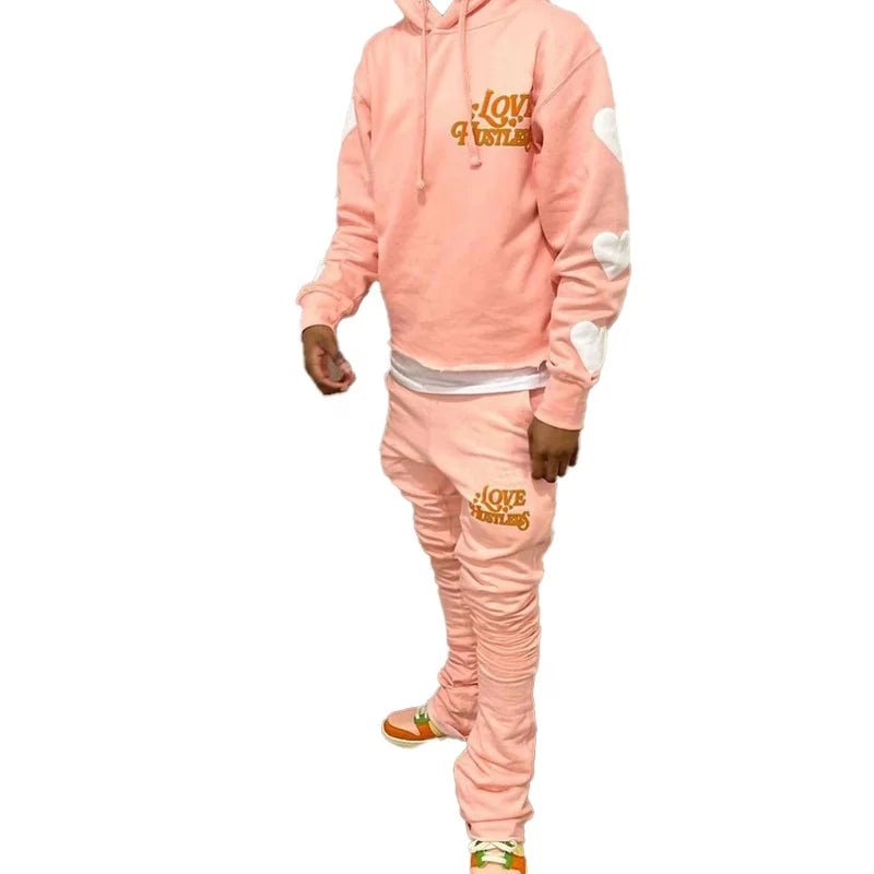 KY Custom Puff Print Logo Raw Edge Crop Hoodie With Drawstring Flared Stacked Pants Stacked Tracksuit Set