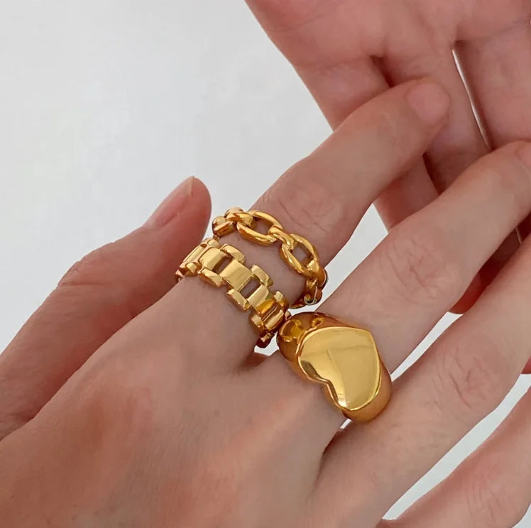 Punk Style Rings Set Stainless Steel Cuban Hollow Chain Heart Rings 18K Gold Titanium Steel Heart Belt Chain Rings