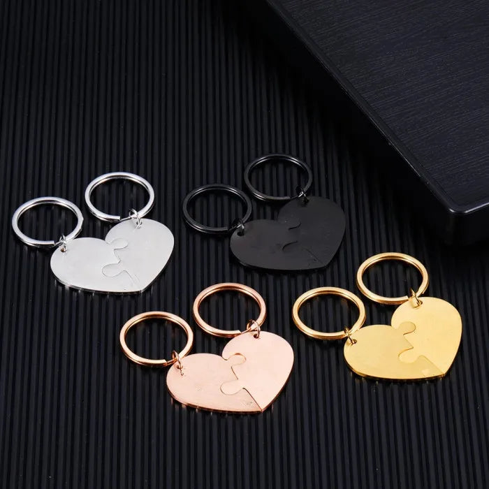 Vintage Cartoon Puzzle Heart Shape Stainless Steel Custom Engraved Keychain with Logo for Lovers-Couple Gift