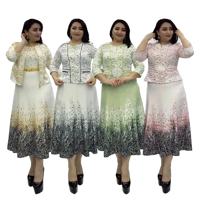 2025 African Women's Office Pleated Dresses With Coat Two Pieces Set Turkey Plus Size Printed Long Dresses Women Casual Suit Set