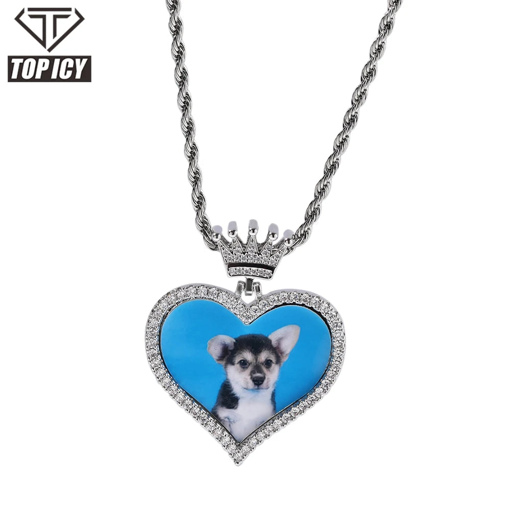 Iced Out Crown Hook Heart Shape Photo Pendant Shiny Diamond Couples Necklace Brass 18K Gold Plated 5A CZ Gift Jewelry