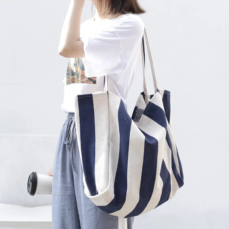 New Style Summer Fashion Handbag Large Capacity Cotton Striped Shoulder Shopping Tote Bag Versatile for Autumn Winter Spring