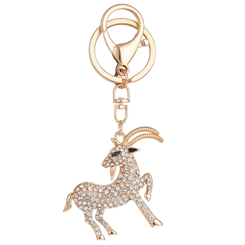 Fashion Gold Plated Goat Bag Key Ring Holder Crystal Rhinestone Zodiac Sheep Keychain for Festival Gift
