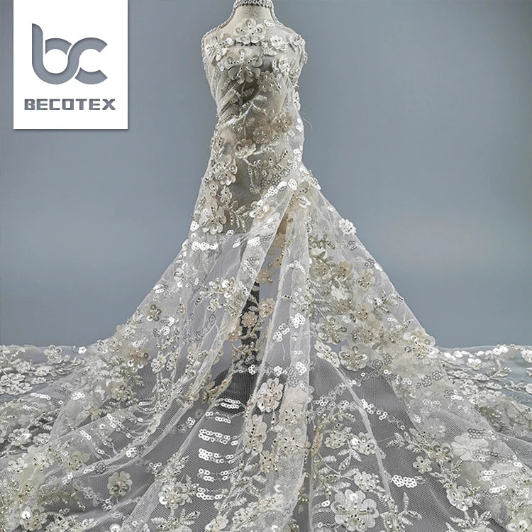 2026 New Arrival White Pearl Heavy Beaded Bridal Lace Fabric for Party