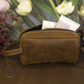 Custom Genuine Leather Travel Makeup Pouch Fashion Portable Zipper Cosmetic Bags With Hanging Strap