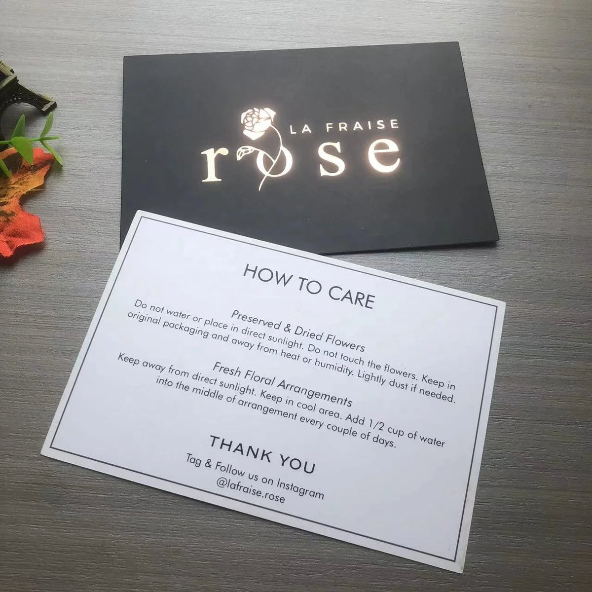 Luxury Custom Rose Gold Foil logo Thank You Cards and Jewelry Care Flower Care Press on Nail Instructions Card