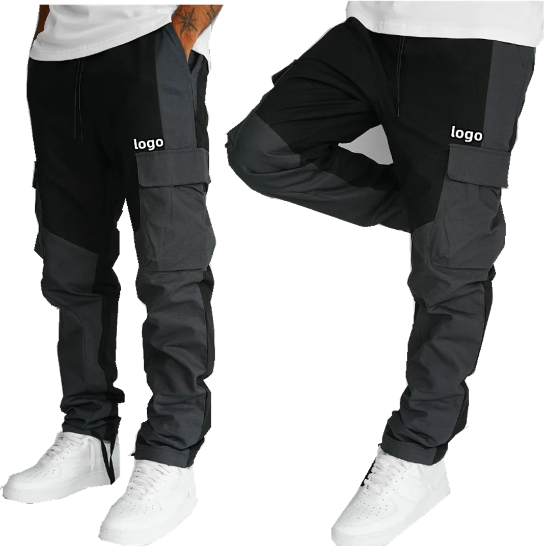 New Trend OEM Custom Logo Mens Clothing Men's Joggers Casual Nylon Utility Cargo Pants Patch Pocket Contrast Fabric Cargo Pants