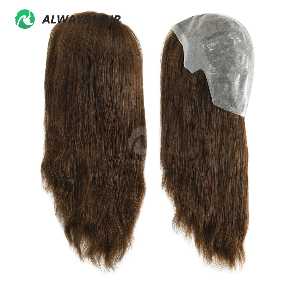 14" Long Hand Tied Virgin Full Head Wig Soft Silky Chinese Cuticle Remy Human Hair 130% Density Straight Thin Skin Cap Women V