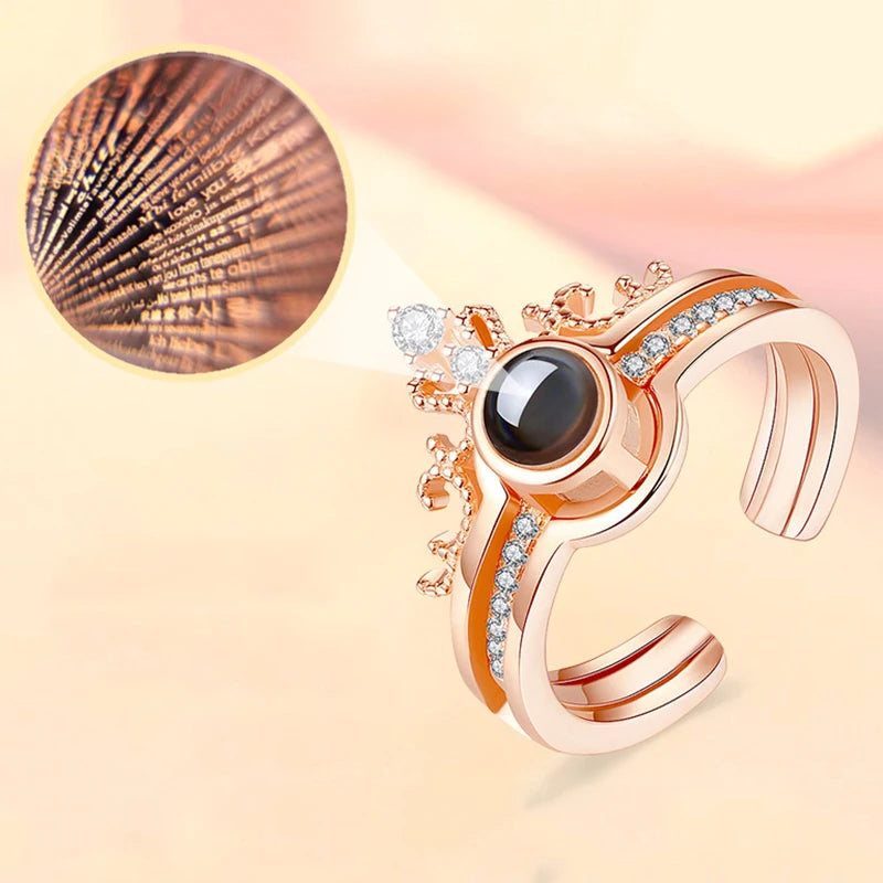 Tiktok 100 Languages Projection Wedding Ring 2023 Rose Gold Plated Zircon Crown Two in One 100 Languages I You Couple Rings