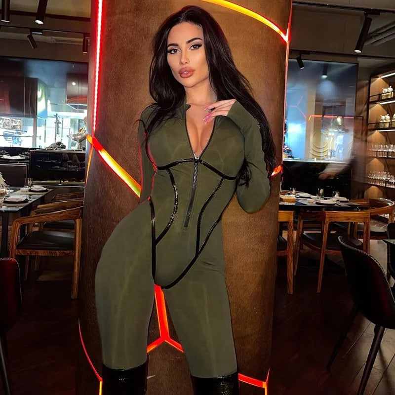 OUDINA 2023 Hot Girl Fashion Women Playsuits Sports Leather Long-sleeved Zipper Tight Hip-lifting Jumpsuit