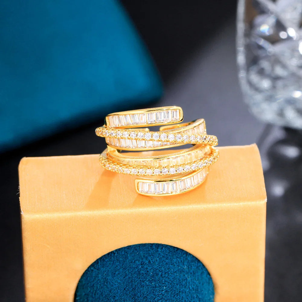 Sample Available Women Luxury Engagement Cubic Zircon Unique Finger Multilayer Open Rings for Girls Adjustable Jewelry