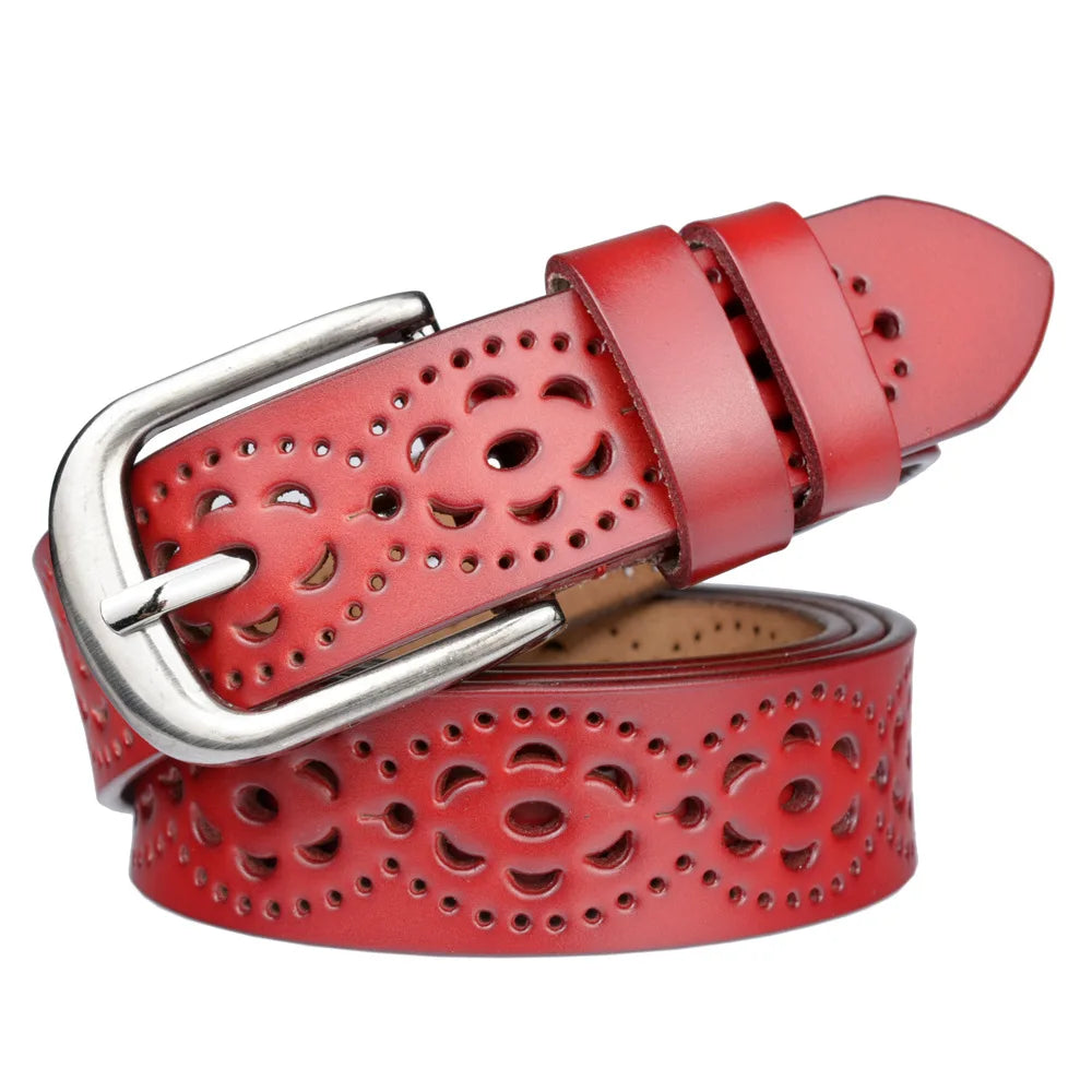 Ladies Fine Decoration Simple Fashion Cowhide Pin Buckle Leather Casual Belt with Alloy Female Personality Hollow Belt