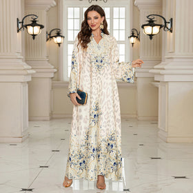 New Fashion Muslim Women V Neck Loose Long Sleeve Dubai Abaya Elegant Islamic Maxi Dress