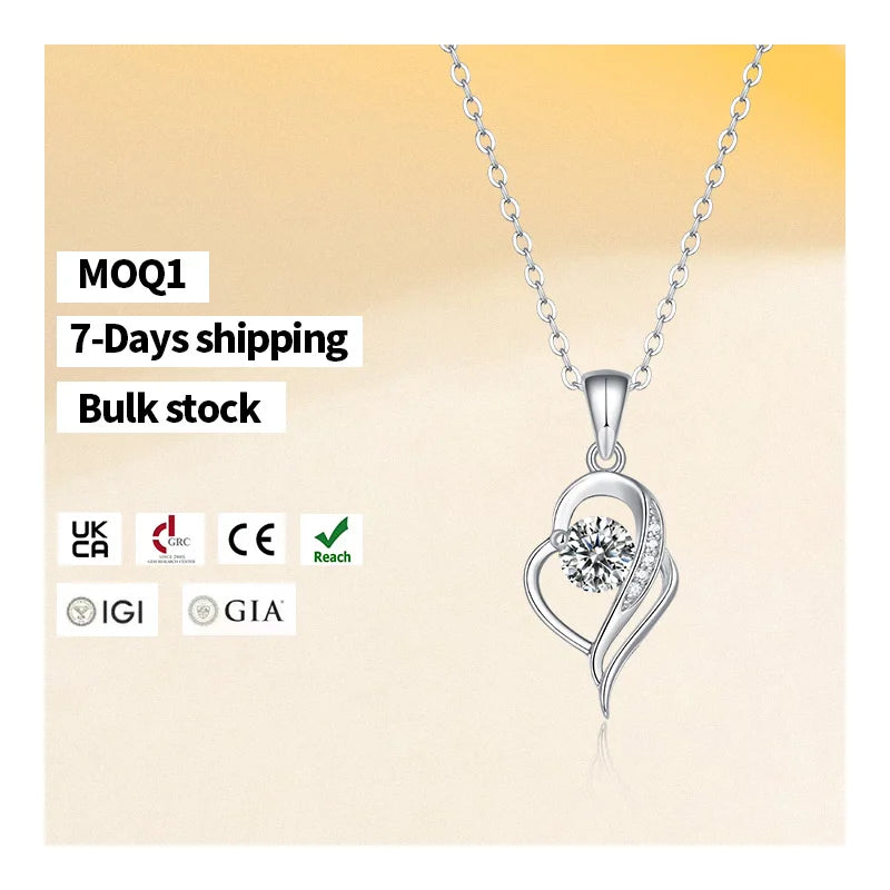 Fast Delivery S925 Silver Necklace for Women Moissanite Heart Pendant with Chain