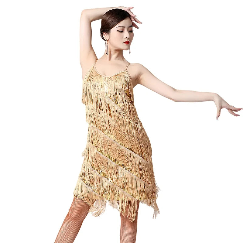 Women's Sequin Tassel Fringe Party Dress Sleeveless Spaghetti Straps Flapper Dress 1920s Gatsby Cocktail Mini Dress Latin Dance