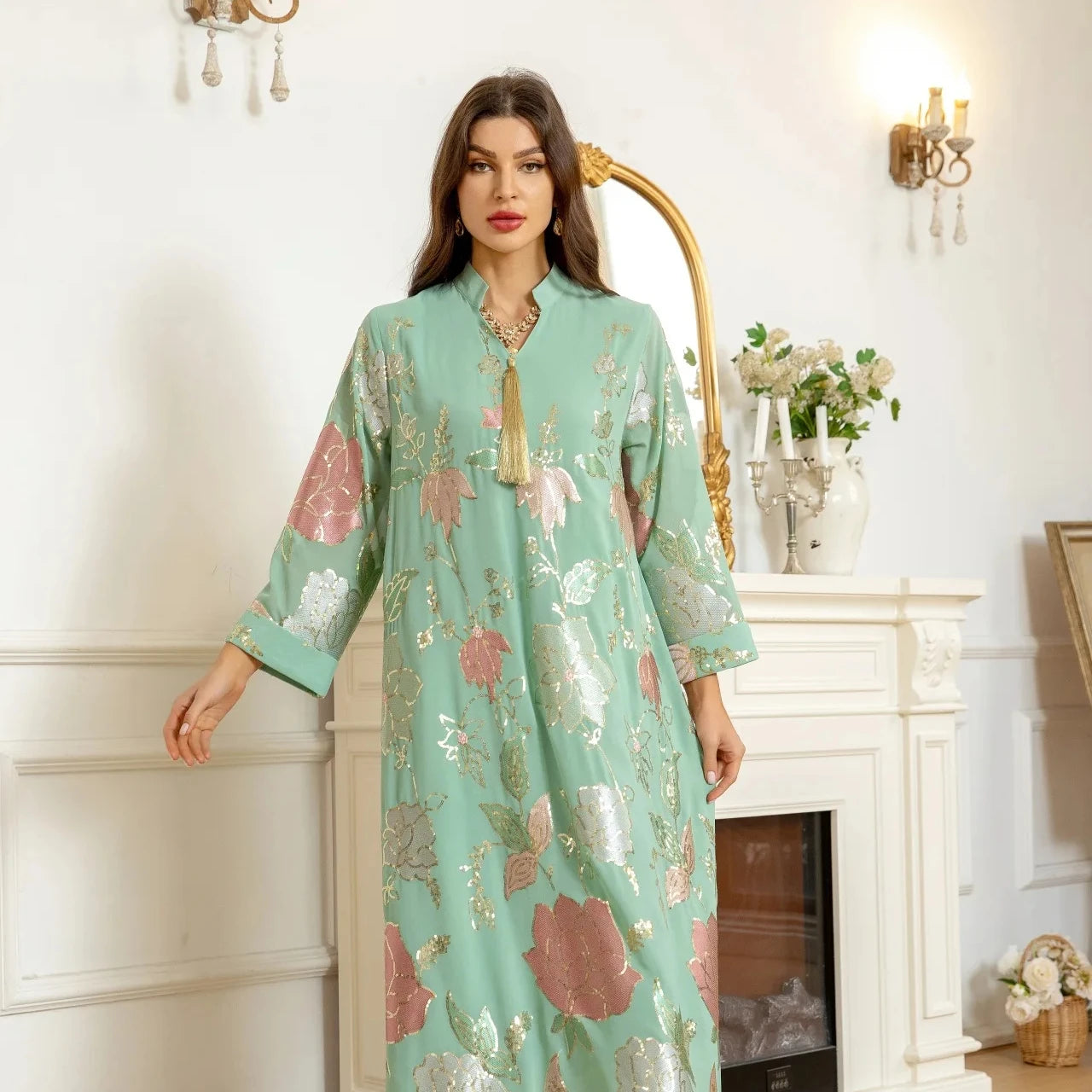 New Fashion Stand Colar Elegant Design Loose Dress Flower Printed Floral Dress Abaya Women Muslim Dress
