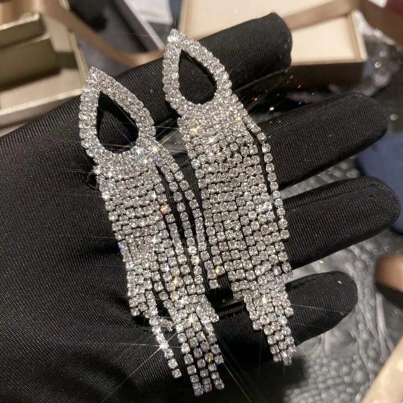 Fashion Long Tassel Rhinestone Drop Earrings Simple Geometric Crystal Earrings for Women Statement Jewelry