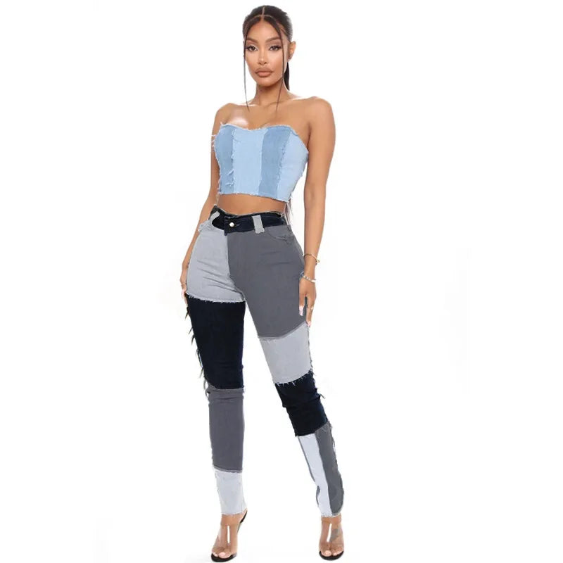 Plus Size Spring and Autumn Splice Fashion Hot Sale Foreign Trade Jeans Pants High Waist High Pop Jeans